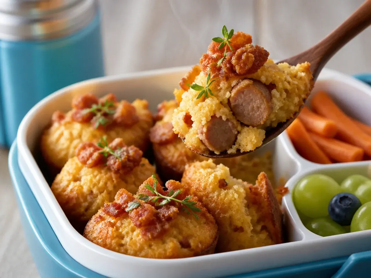 Golden corn dog muffins with visible chopped sausage inside, cooling on a rack