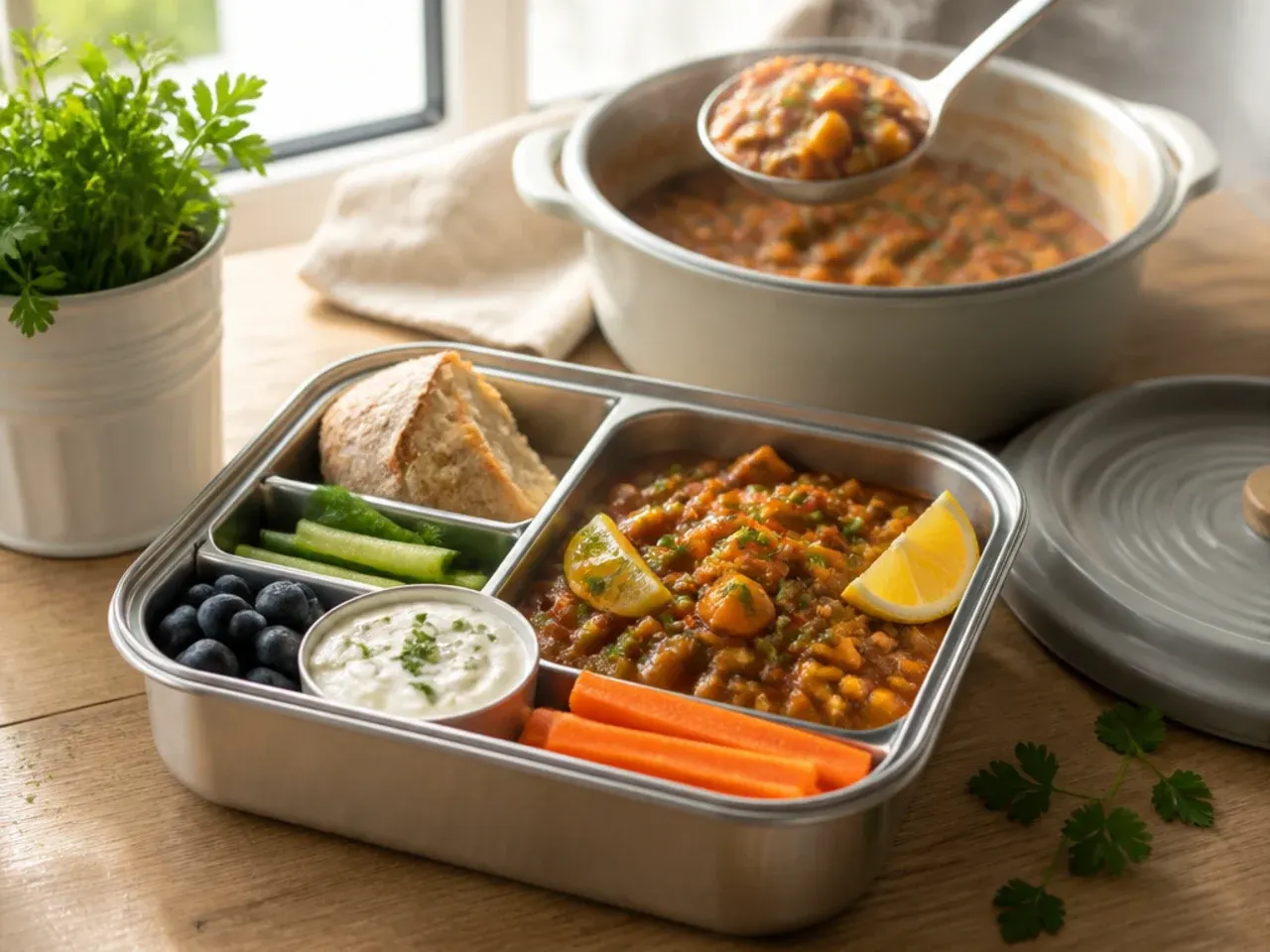 Compartmented bento box filled with small portions of cheese, pasta, berries and crackers