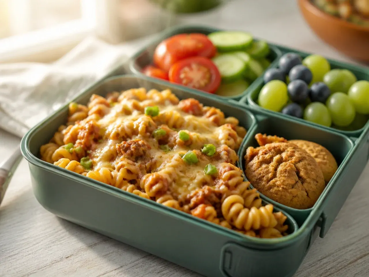Large bowl of pasta salad with ham and cherry tomatoes ready to portion into lunch boxes