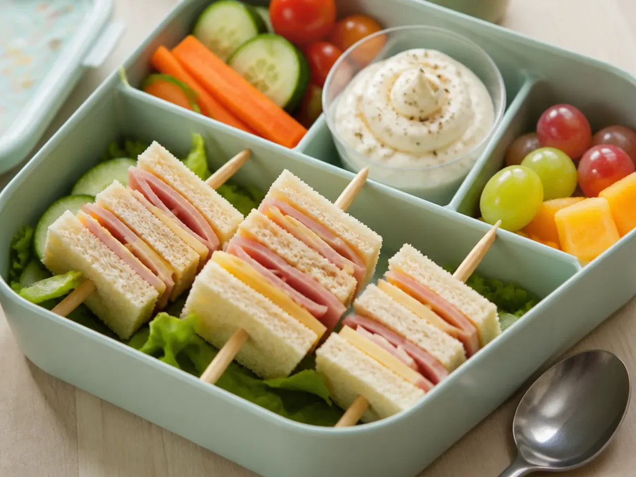 Cheese and ham sandwich cubes threaded onto skewers with cherry tomatoes and cucumber