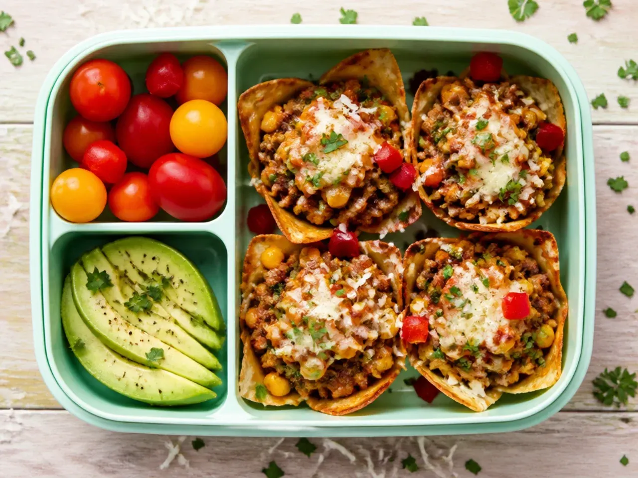 Crisp tortilla taco cups filled with seasoned mince, cheese and salsa