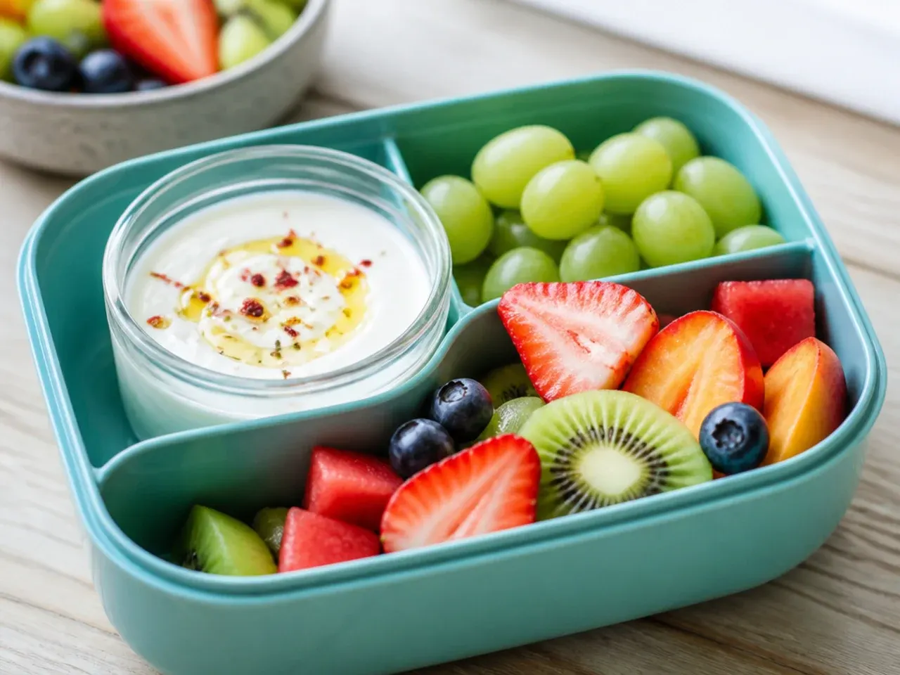 Layered yoghurt and berry pot with a small container of granola on the side