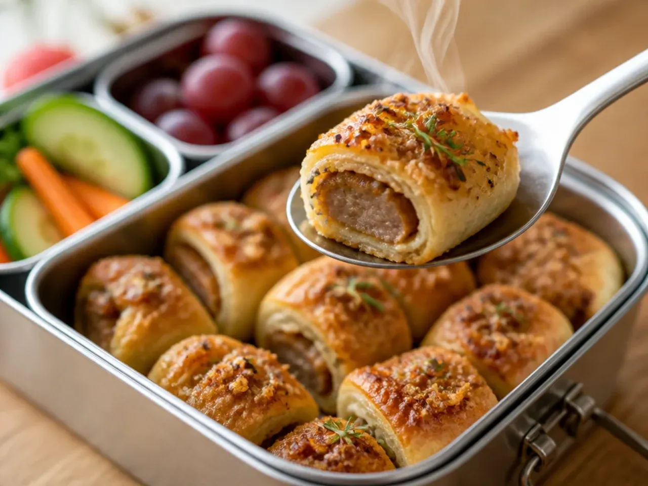 Sliced sausage roll bites with golden puff pastry on a cooling rack