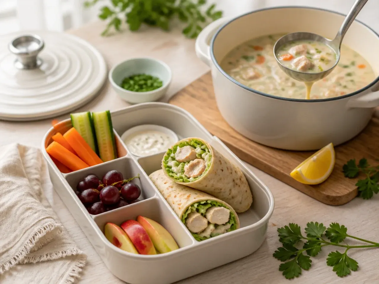 Chicken Caesar wrap sliced in half showing shredded lettuce and dressing