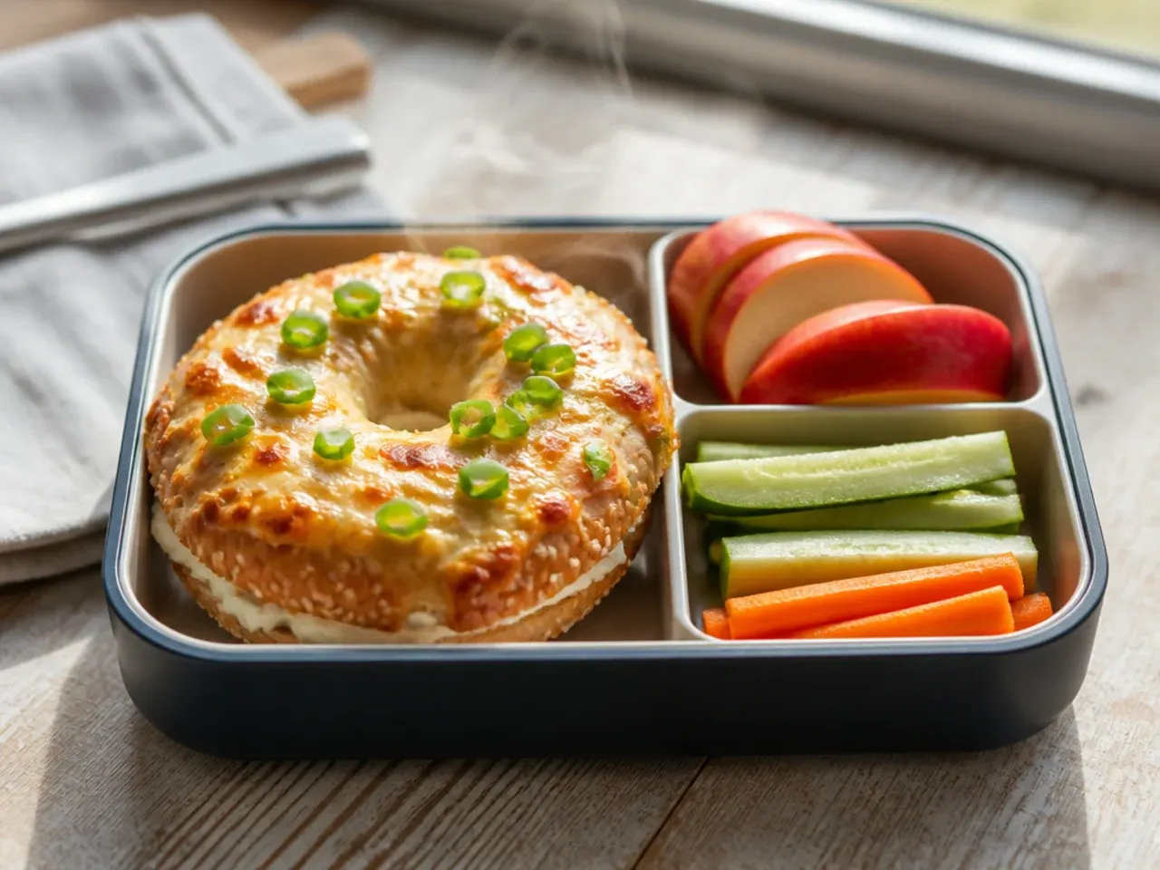 Mini bagel with cream cheese and cucumber slices in a lunch box