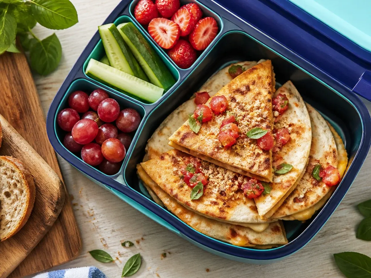 Salsa and cheese quesadilla triangles with melted cheese at the edges