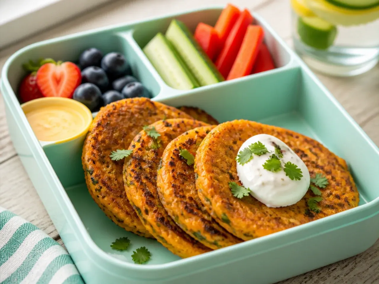 Small golden sweet potato pancakes stacked with a pot of yoghurt for dipping