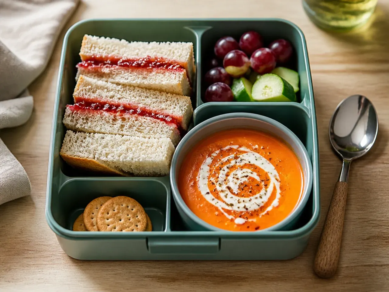 Jam sandwich cut into triangles alongside carrot sticks and a piece of fruit