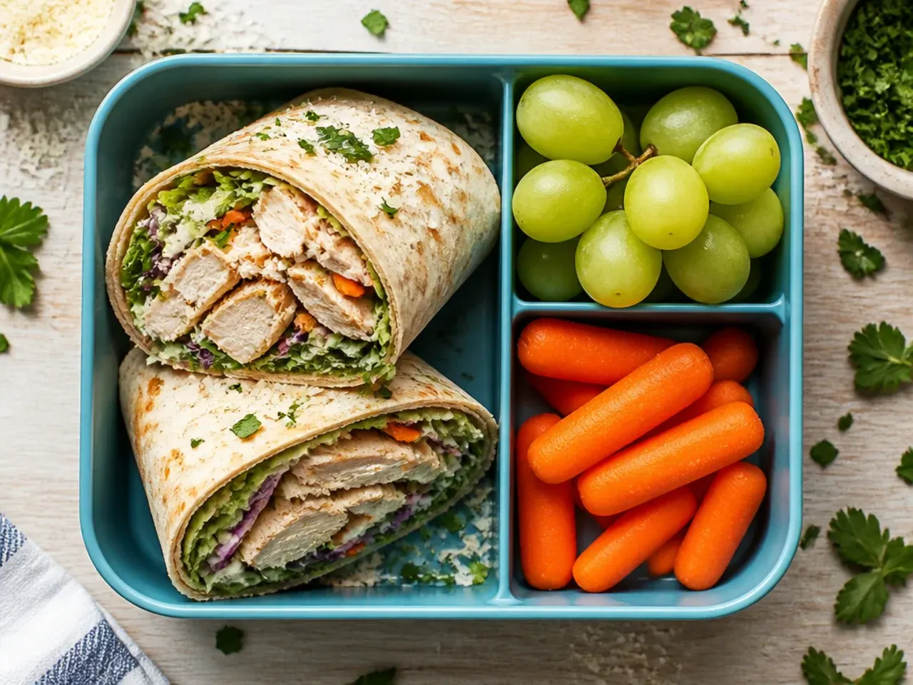 Shredded roast chicken wrap sliced and wrapped tightly in foil