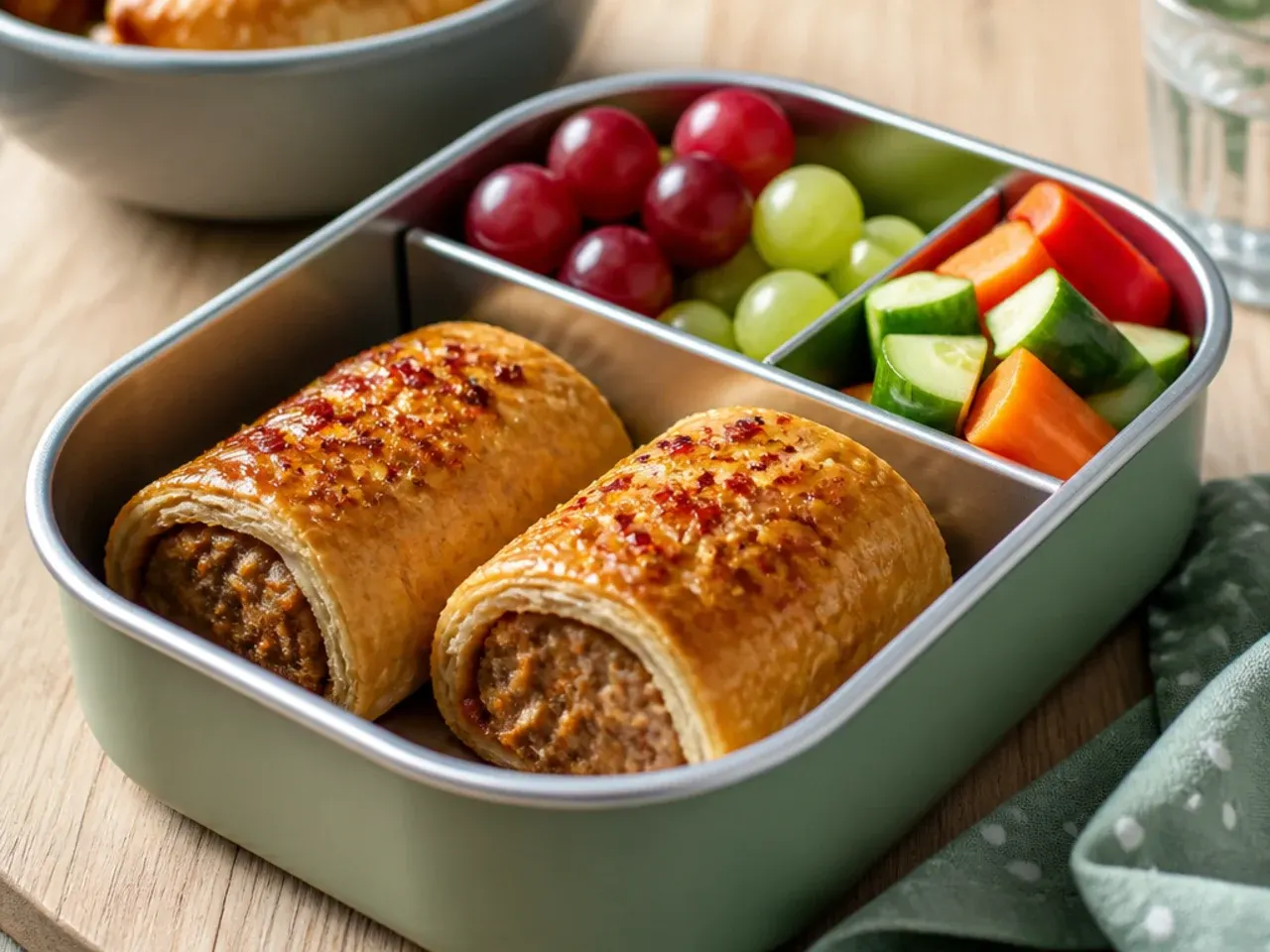 Homemade sausage rolls with visible grated apple flecks in the filling