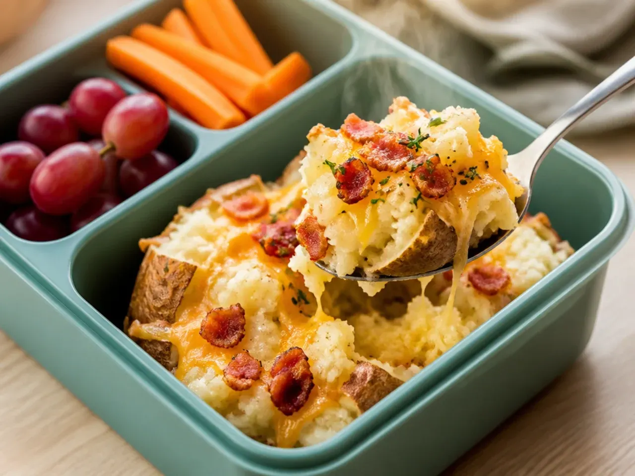Small jacket potato topped with cheese and baked beans in a lunch box container