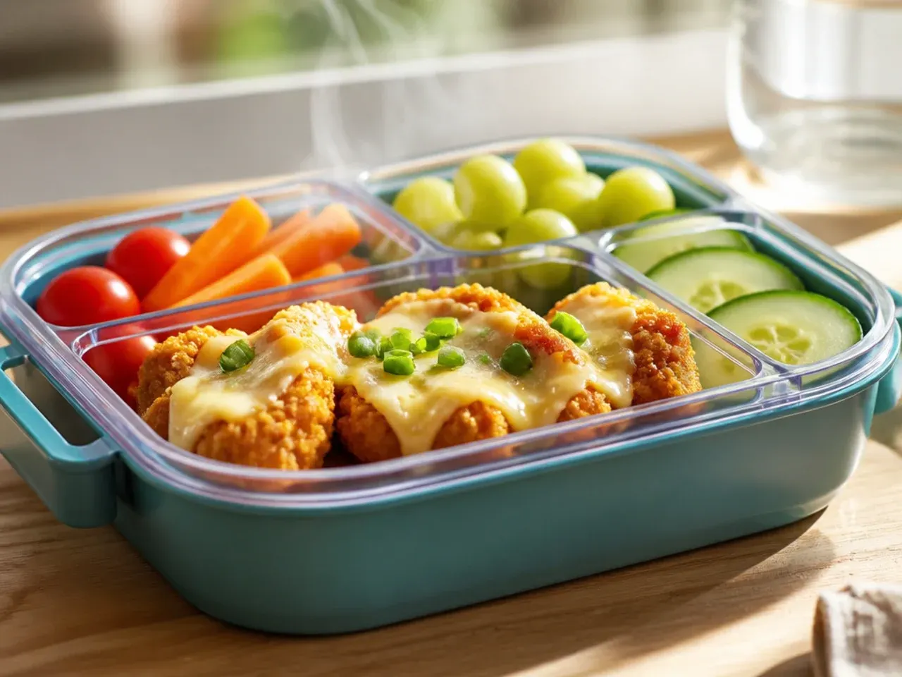 Homemade baked chicken nuggets with a small pot of ketchup and cucumber sticks