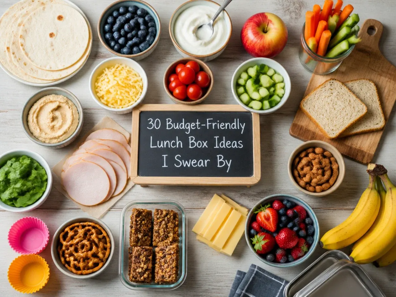 Small leakproof pots of dips and dressings next to a frozen water bottle and packed lunch box