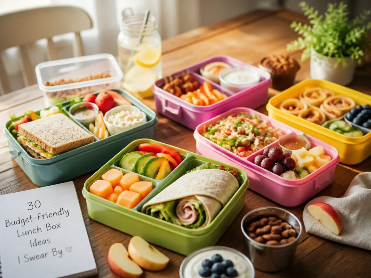 Lunch box paired with fresh fruit, vegetable sticks and a small dip pot on the side
