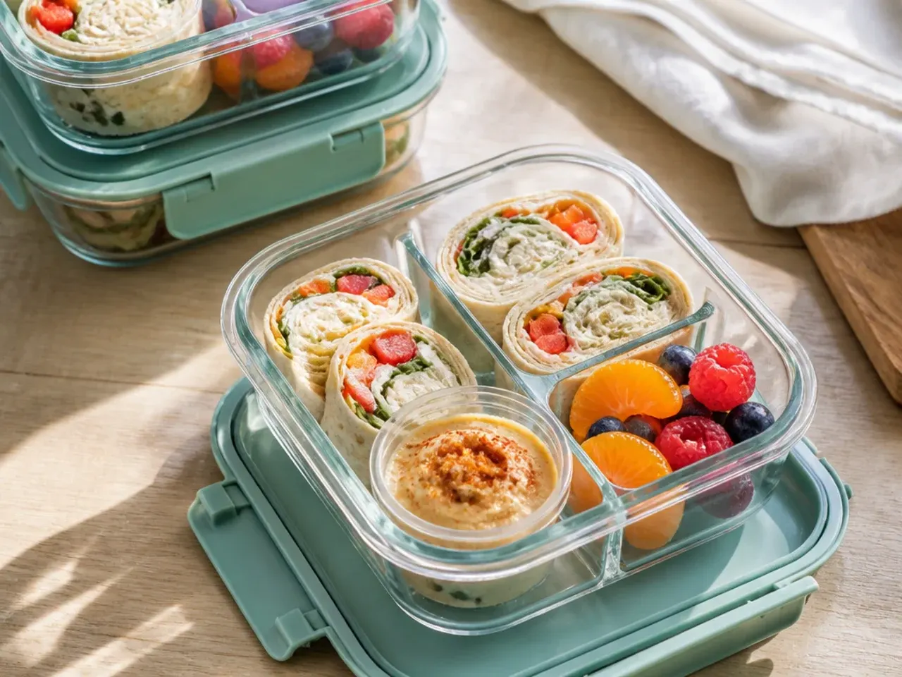 Airtight containers of egg muffins and sausage rolls stacked in the fridge and freezer