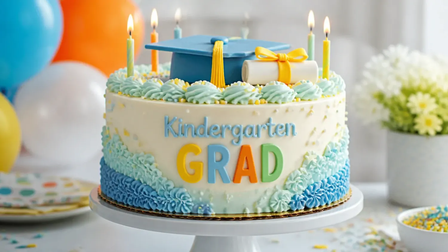 A round vanilla kindergarten graduation cake topped with a black and gold fondant graduation cap and a gold tassel, surrounded by colourful sprinkles