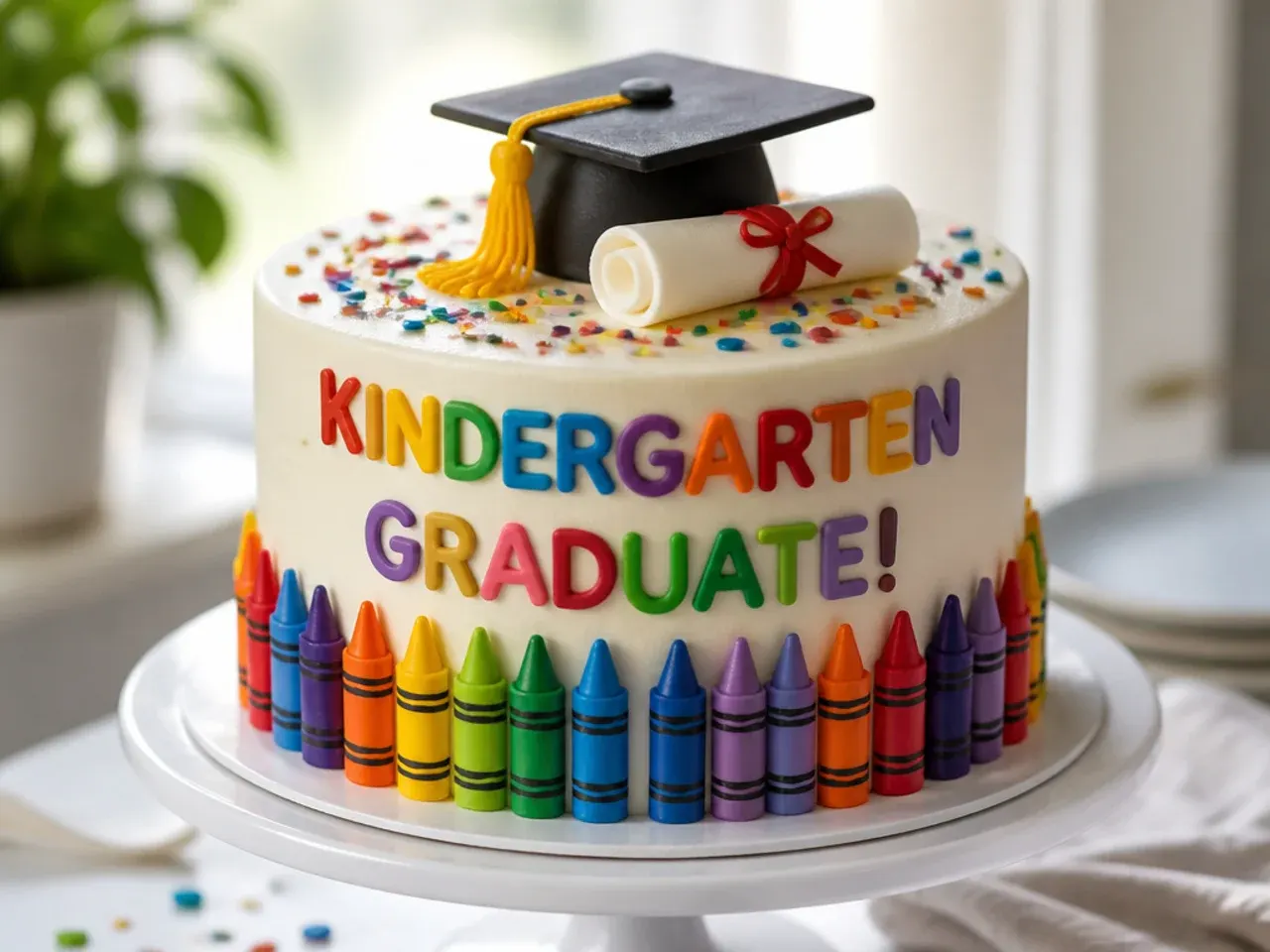 Overhead shot of ingredients for a kindergarten graduation cake laid out on a kitchen counter, including flour, butter, eggs and fondant