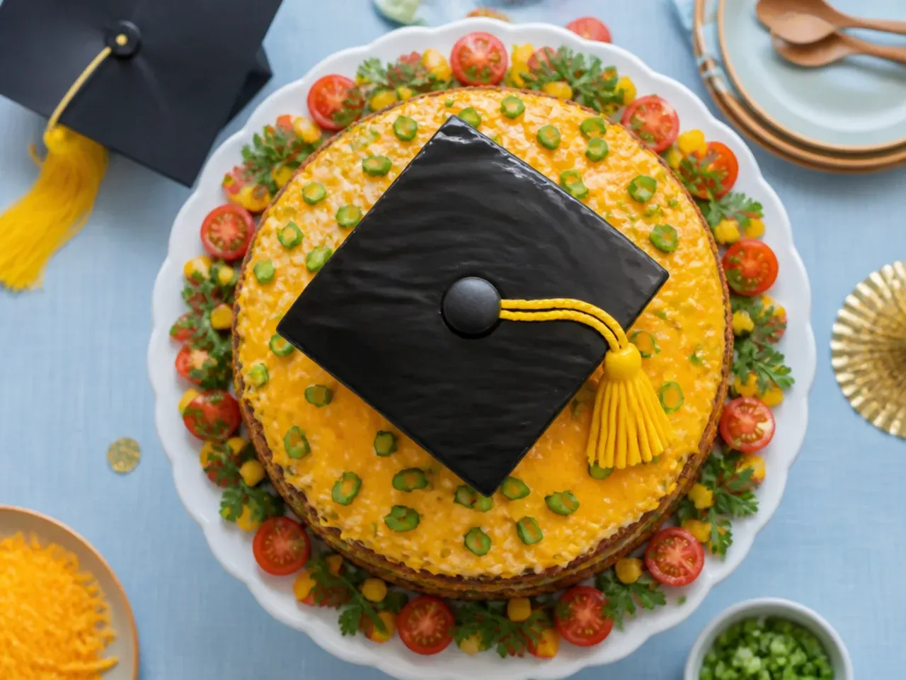 Close-up of a classic kindergarten graduation cake with a black fondant graduation cap topper and gold tassel