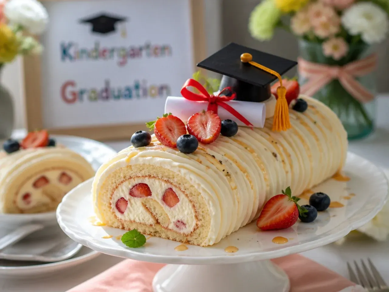 Sheet cake with a piped buttercream diploma scroll and ribbon decoration for a kindergarten graduation