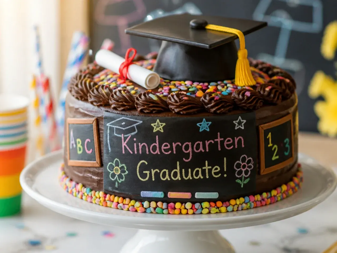 Chocolate kindergarten graduation cake decorated to look like a chalkboard with piped white lettering
