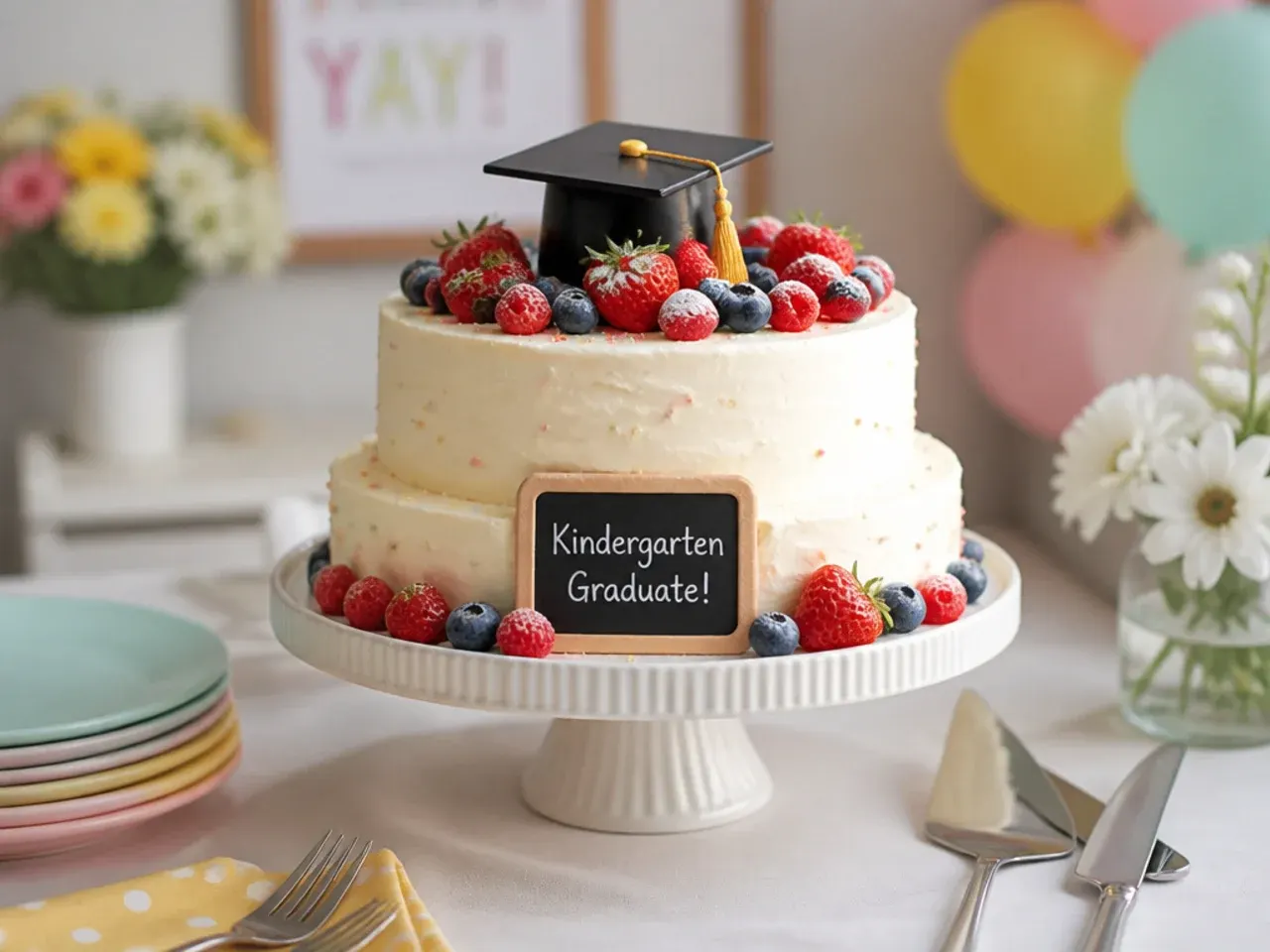 Two-tier simple white vanilla kindergarten graduation cake with a small fondant cap on top