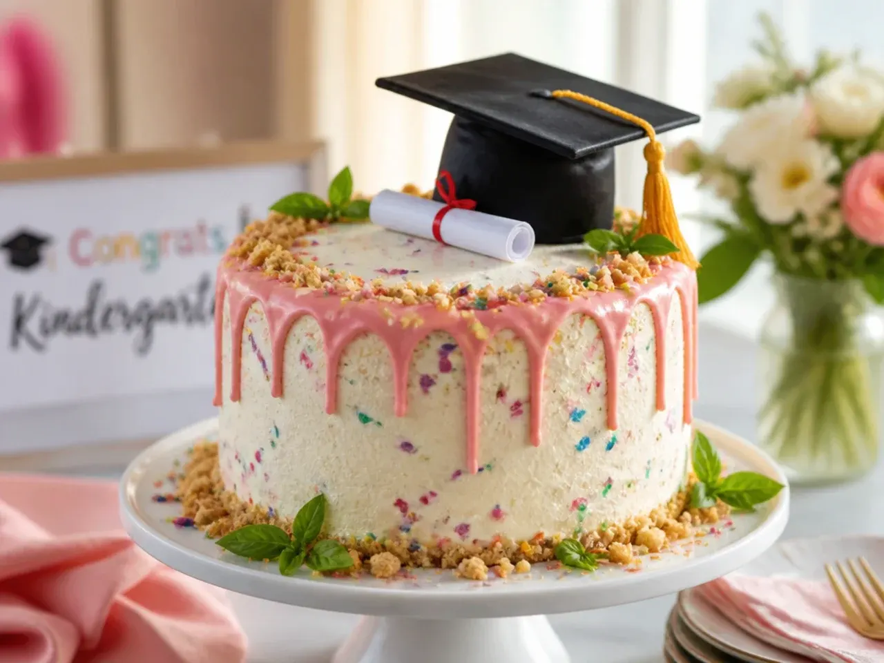 Funfetti kindergarten graduation cake with colourful sprinkle drip and confetti crumb inside