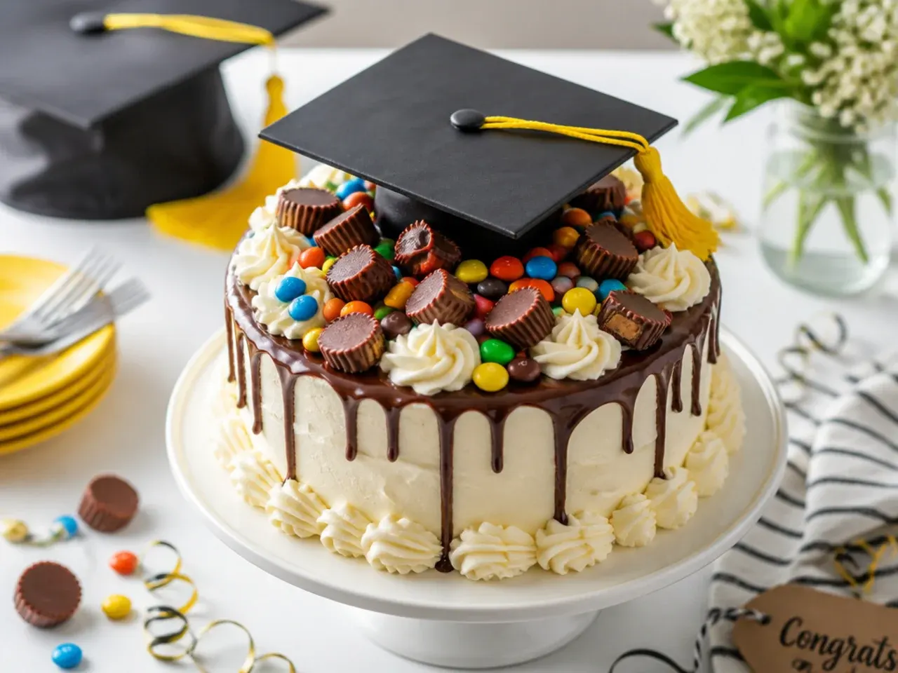 Kindergarten graduation cake loaded with candy decorations and a chocolate graduation cap topper