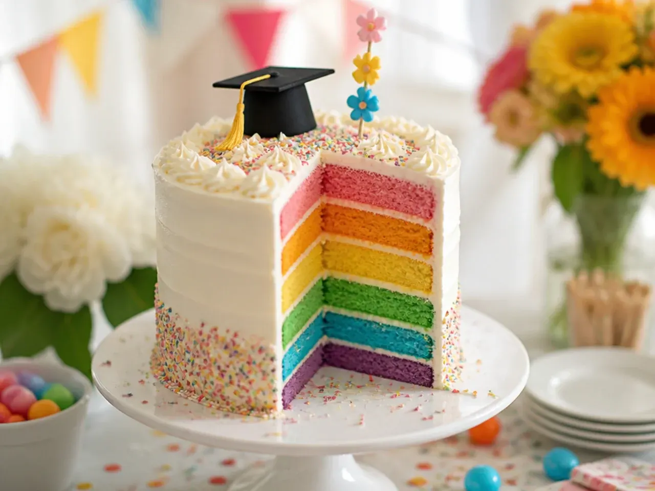 Sliced rainbow layer kindergarten graduation cake showing four colourful sponge layers