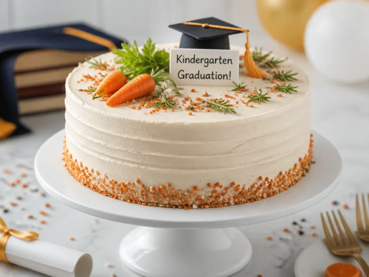 Carrot cake with cream cheese frosting decorated for a kindergarten graduation with a fondant cap
