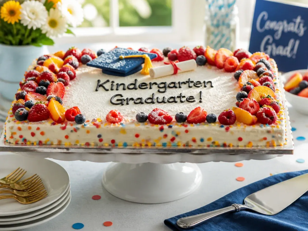 Sheet cake with an edible photo print of a kindergarten class for a graduation party