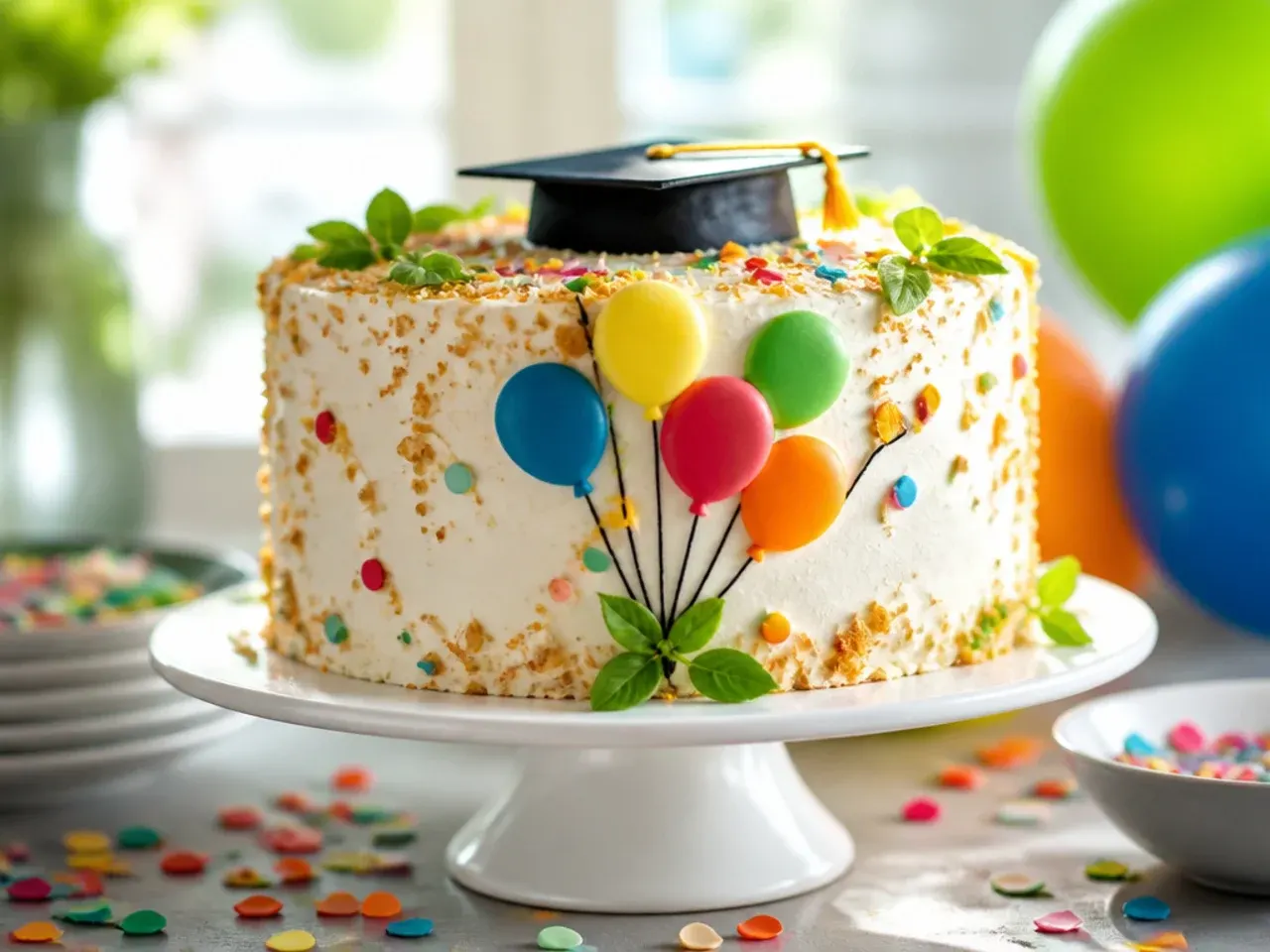 Festive kindergarten graduation cake with edible sugar balloons and colourful confetti sprinkles
