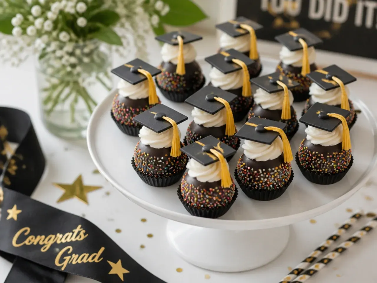 Kindergarten graduation cake pops shaped like mini graduation caps with gold tassels