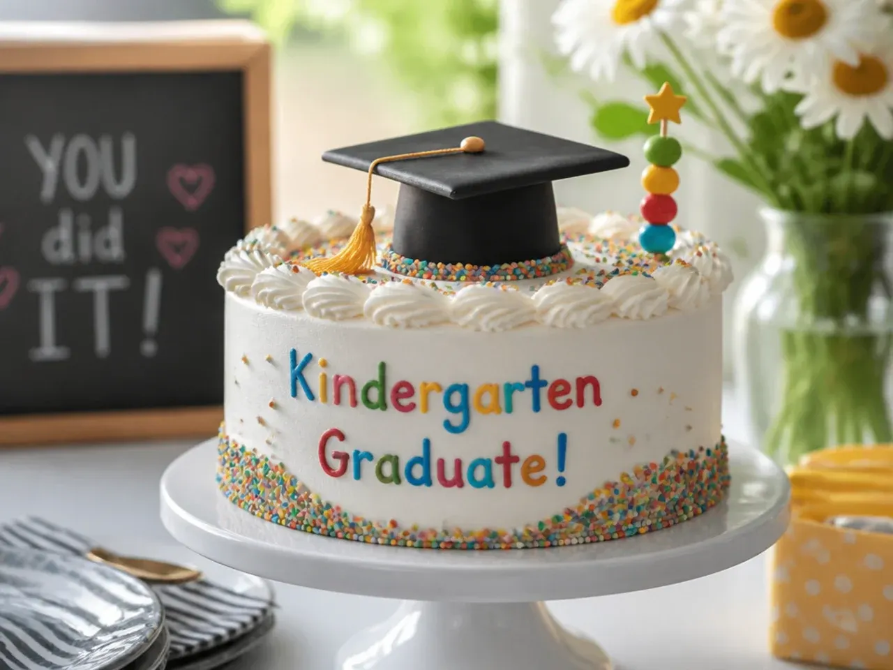 Homemade scratch vanilla kindergarten graduation cake sliced to show a soft, even crumb