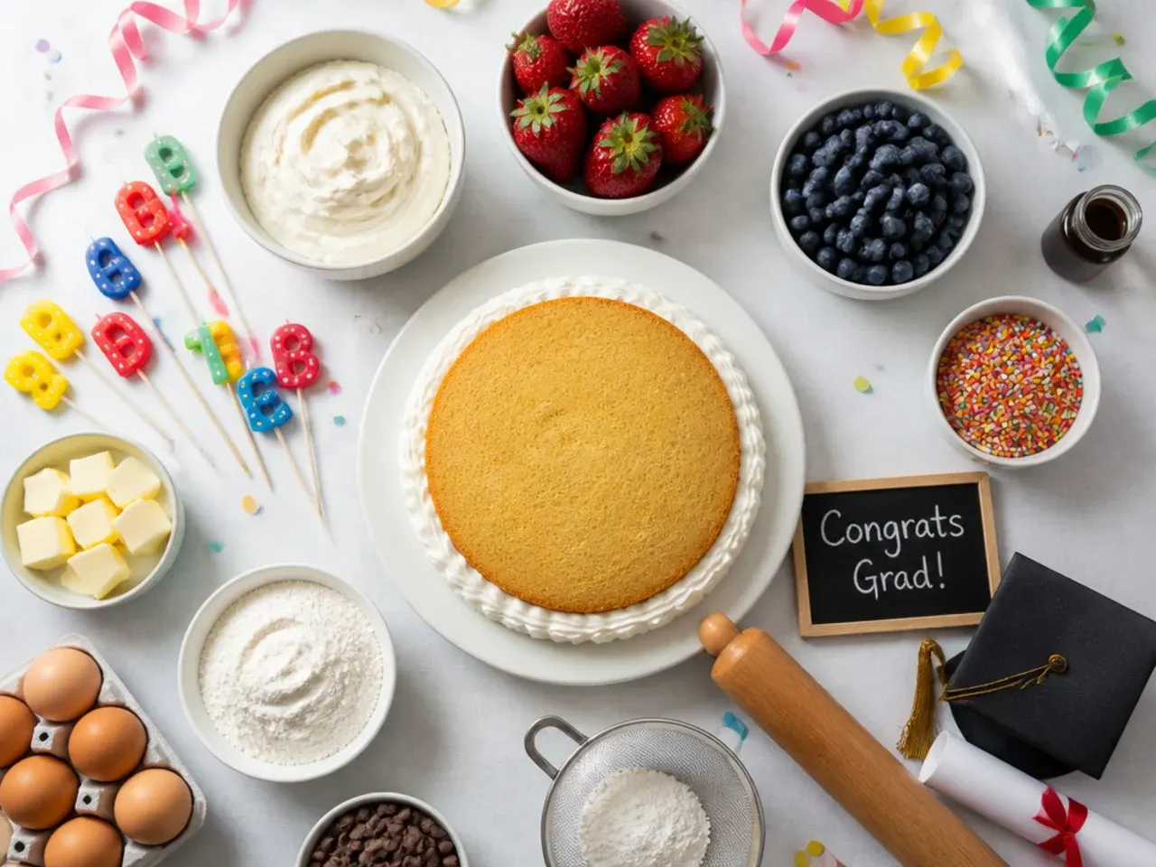 Baker levelling a vanilla cake layer with a serrated knife before decorating a kindergarten graduation cake