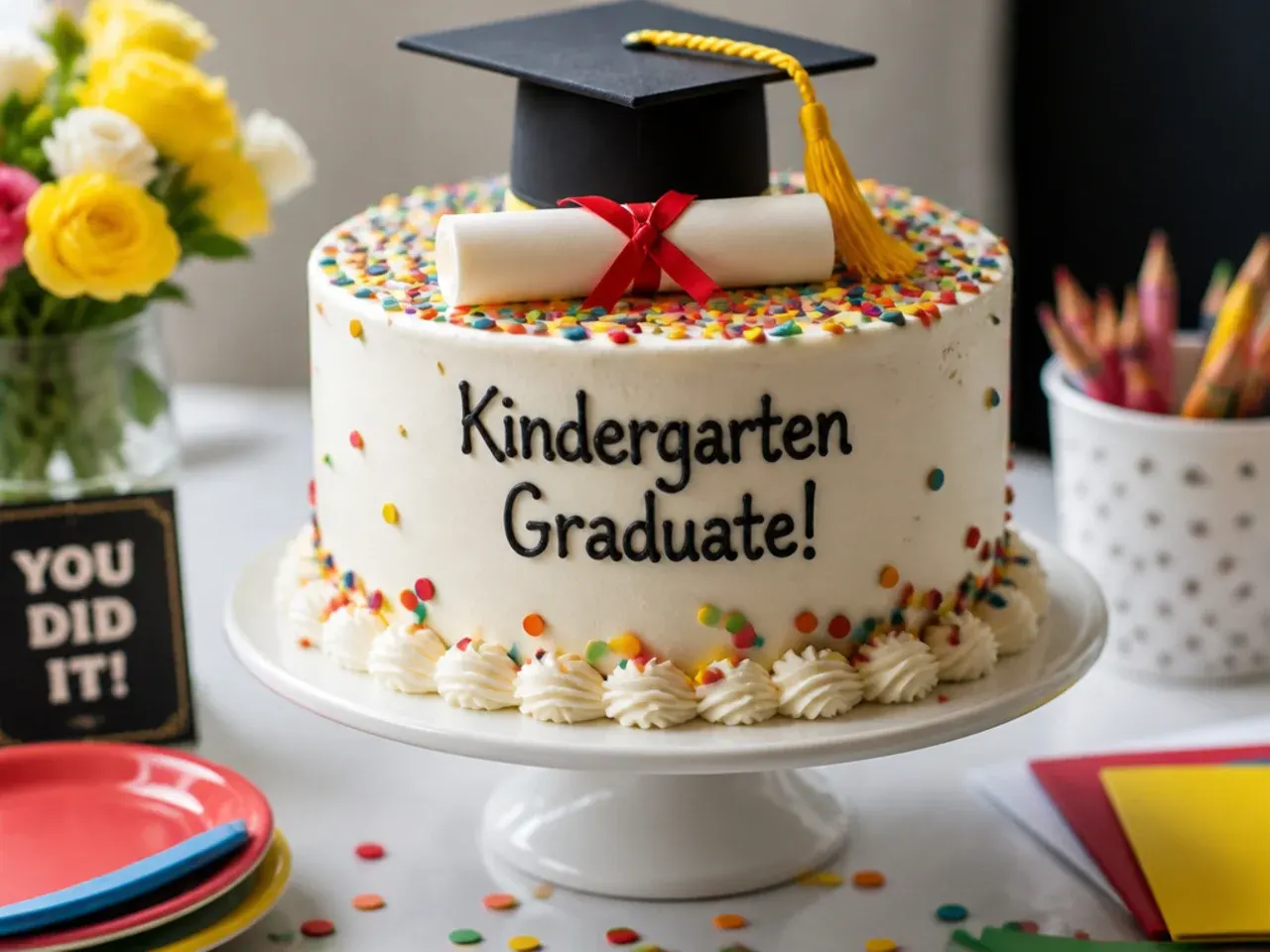 Sliced kindergarten graduation cake served on paper plates at a classroom party table