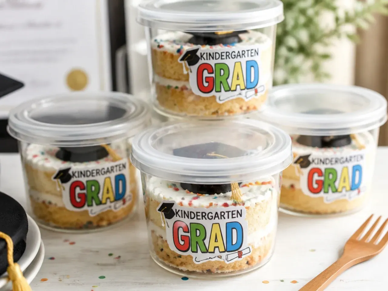 Leftover kindergarten graduation cake slices stored in an airtight container in the fridge