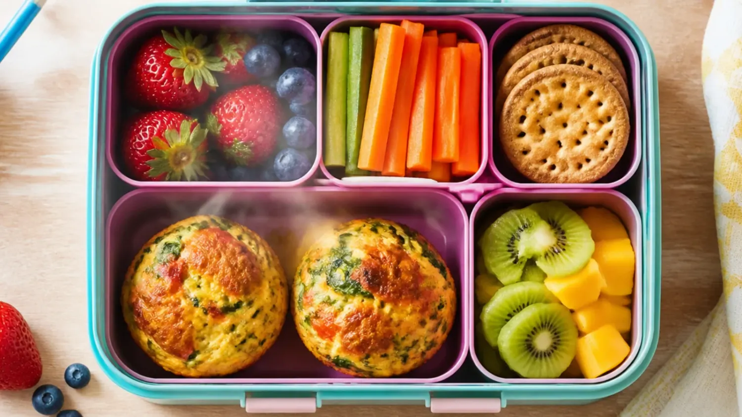 Open kindergarten lunch box packed with mini ham and cheese muffins, apple slices, carrot sticks and a small yogurt pot.