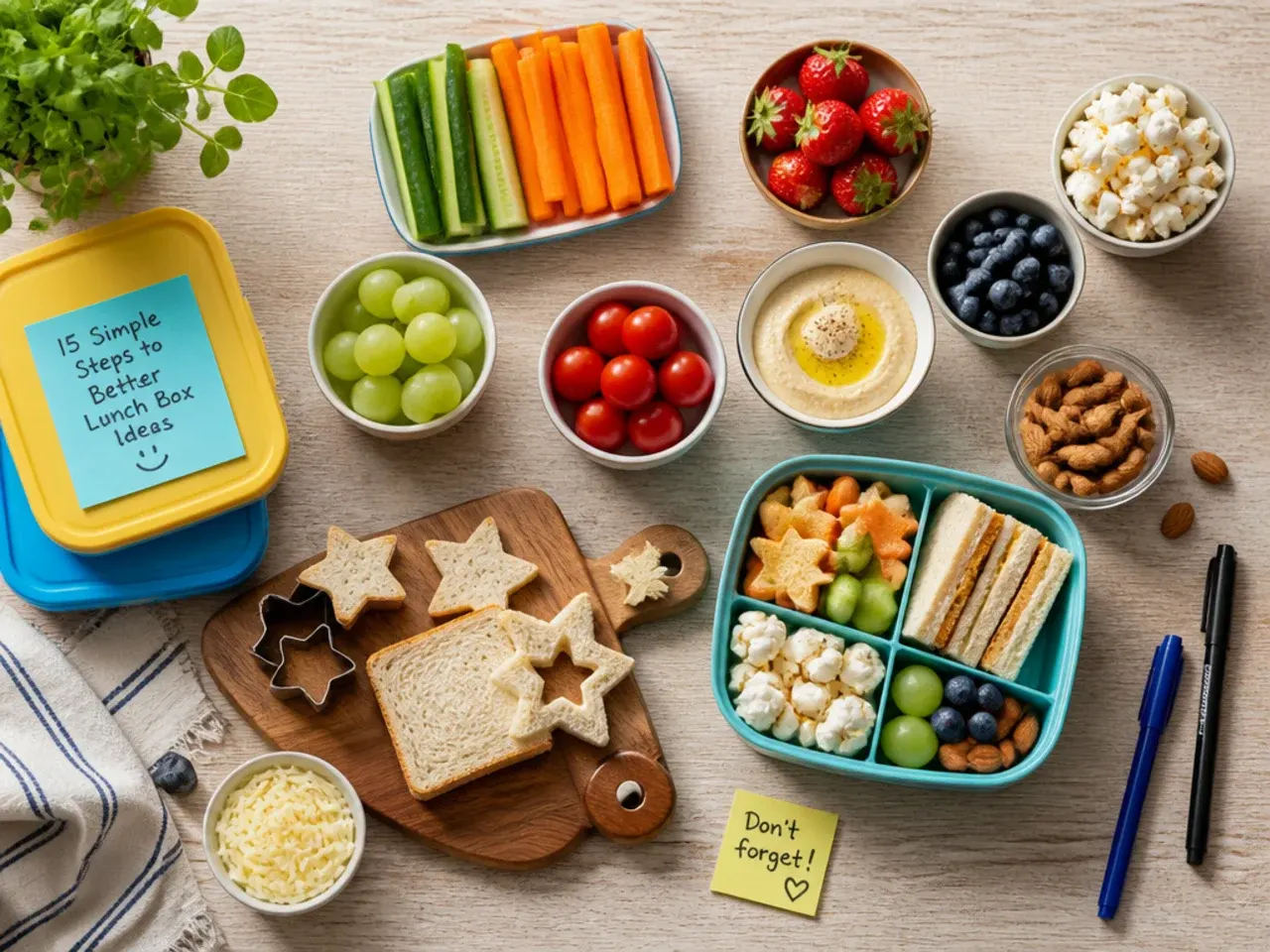 Close-up of a kindergarten lunch box with bite-sized muffins, cut fruit and a small dip pot.