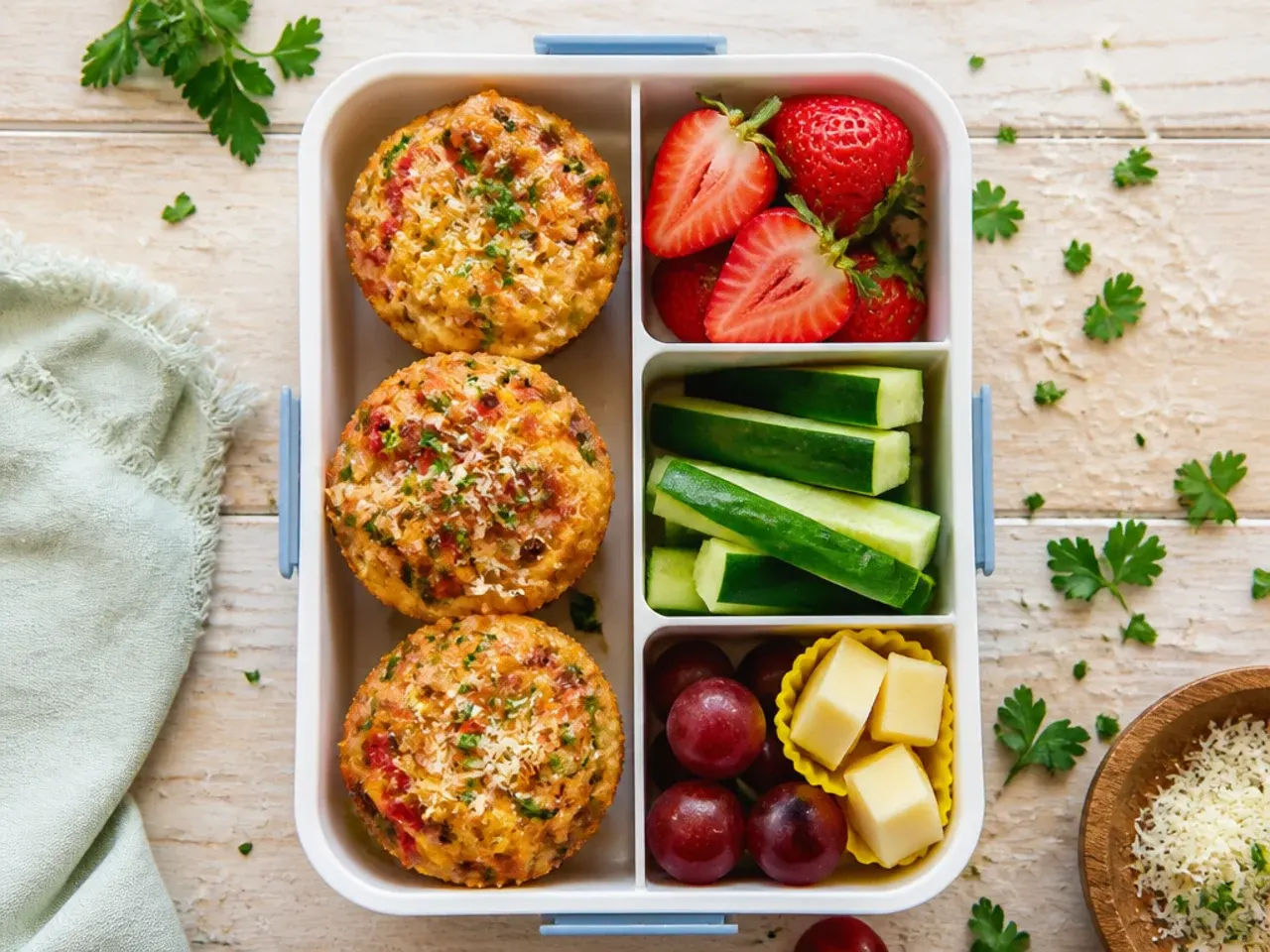Baked ham and cheese lunch box muffins cooling on a wire rack next to a labelled freezer bag.