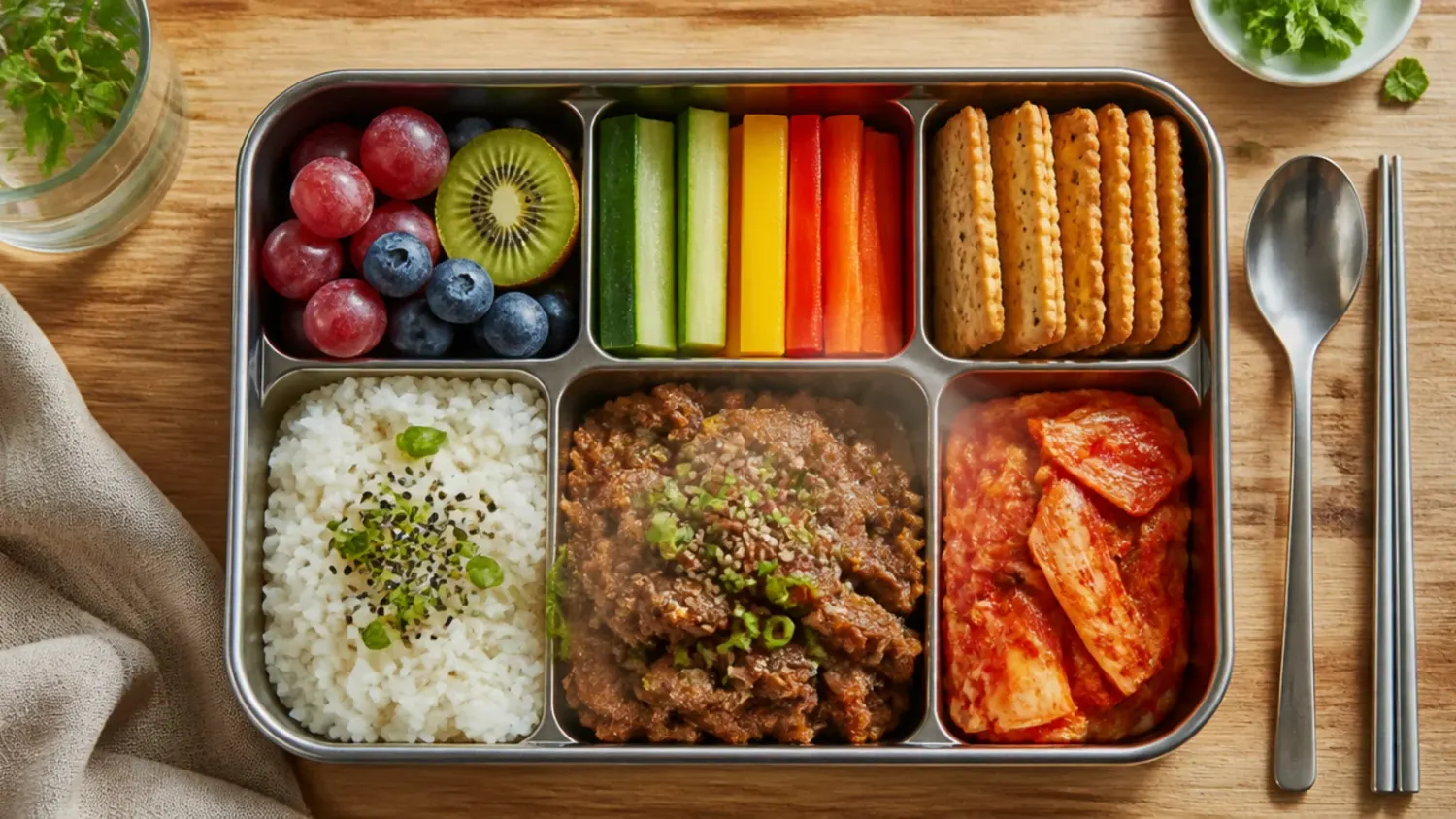 Sliced bulgogi beef kimbap rolls with carrot, egg, and pickled radish arranged in a Korean lunch box beside chopsticks