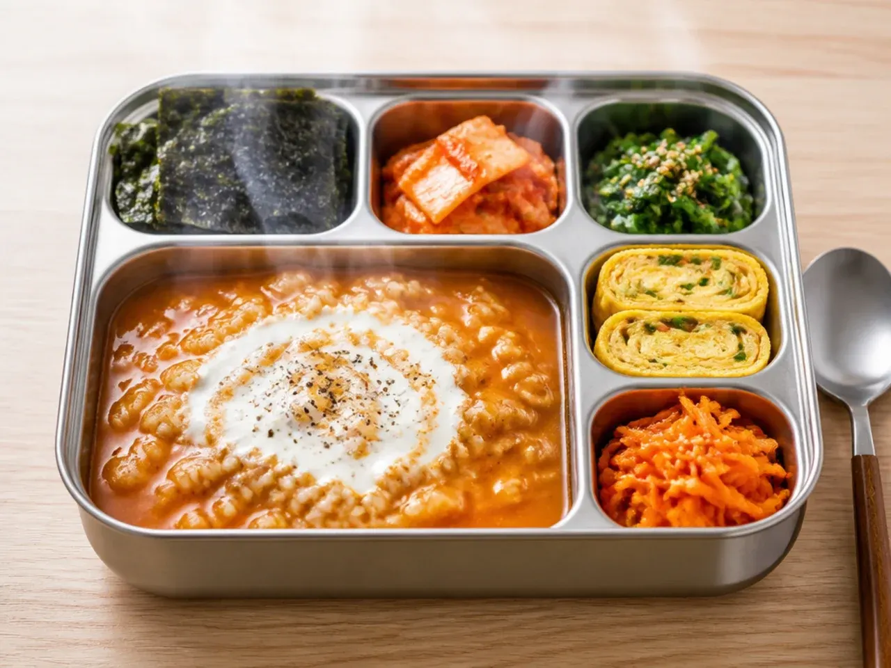 Steaming short-grain rice spread on a tray to cool before assembling Korean kimbap rolls