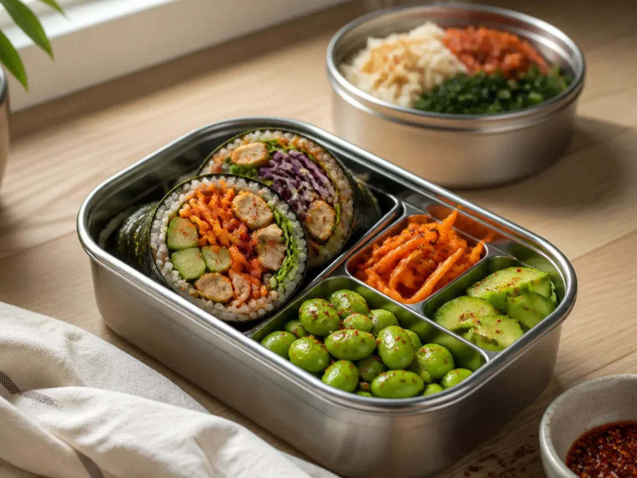 Hands layering thin strips of beef, carrot, and egg onto seaweed and rice for kimbap