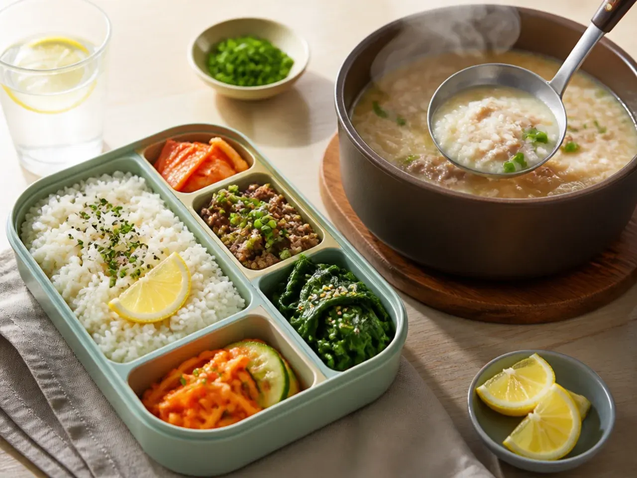 Bowl of glossy warm short-grain rice being seasoned with sesame oil and salt
