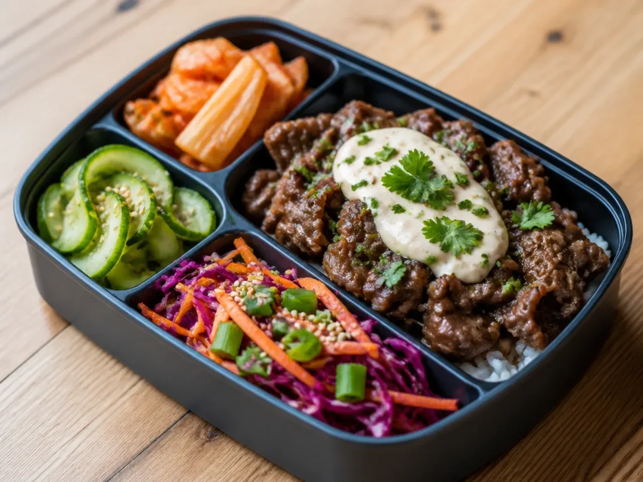Thin bulgogi beef slices searing with caramelized edges in a hot pan