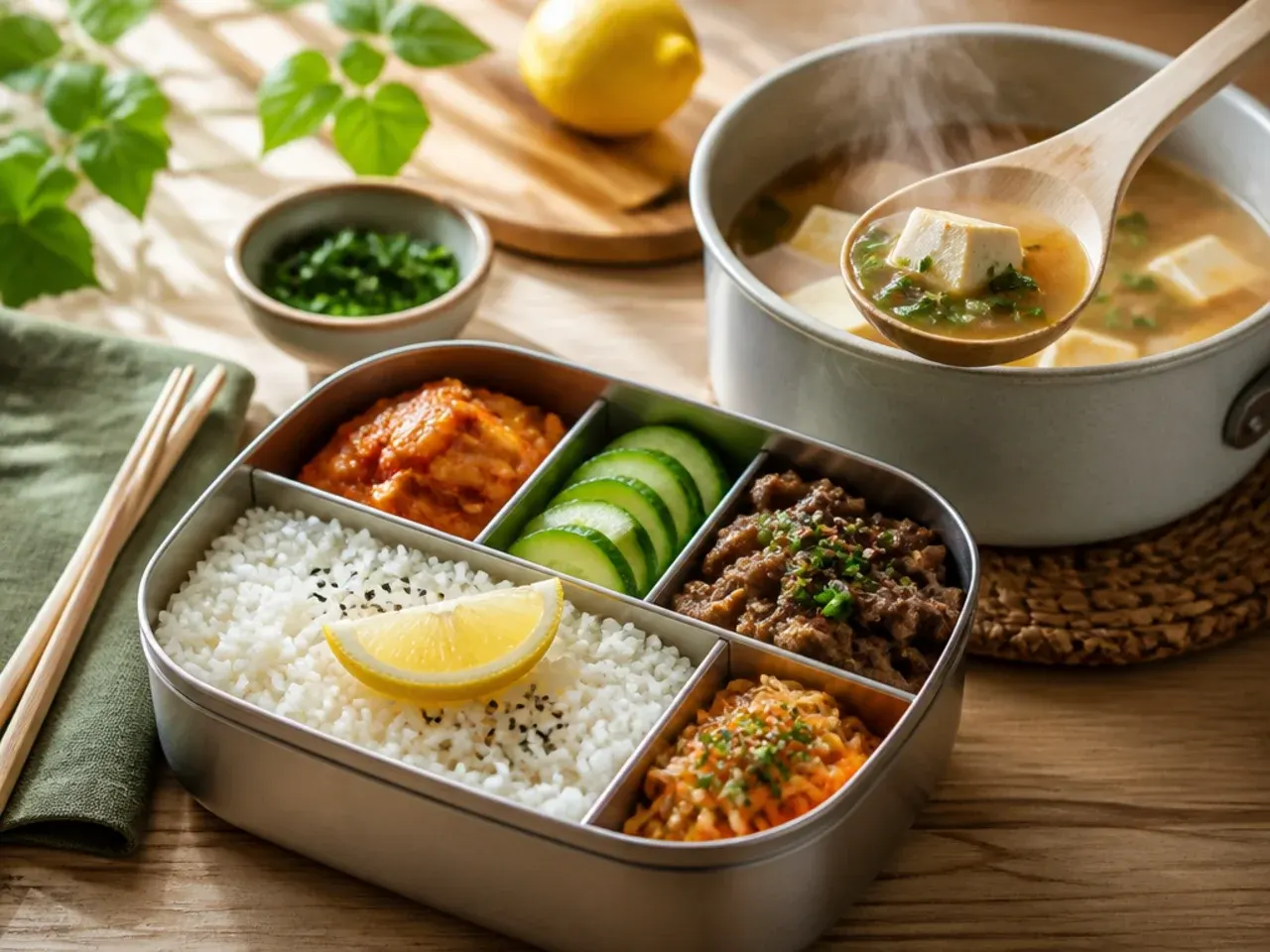 Kimbap slices arranged in a single layer inside a divided lunch box