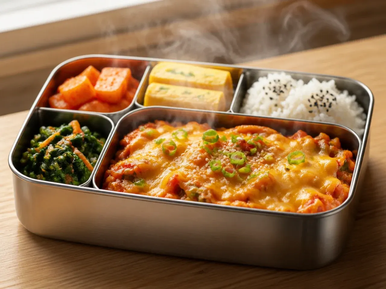 Divided Korean lunch box with kimbap, bulgogi, and side dishes kept separate