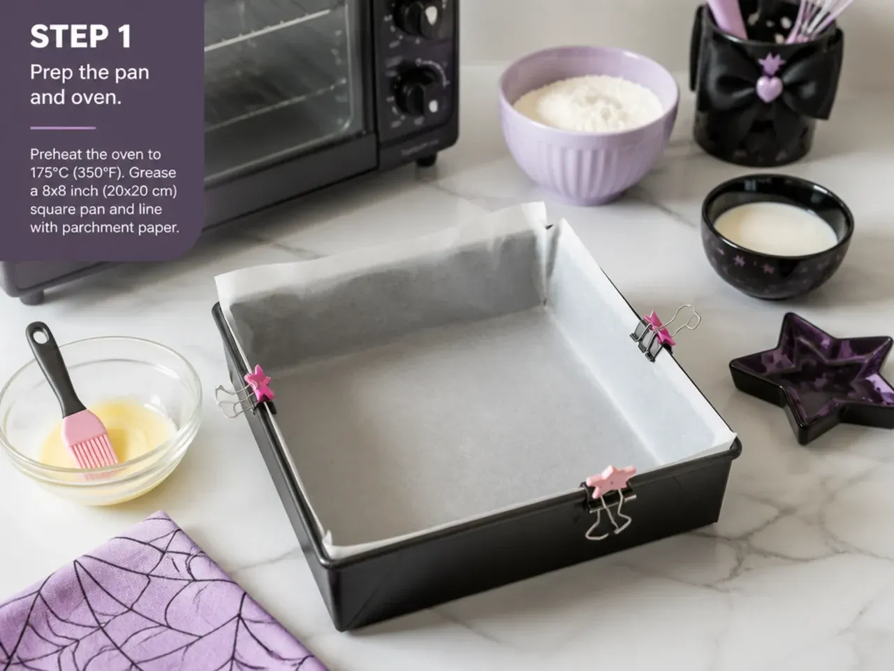 kuromi bento cake — step 1: prep the pan and oven