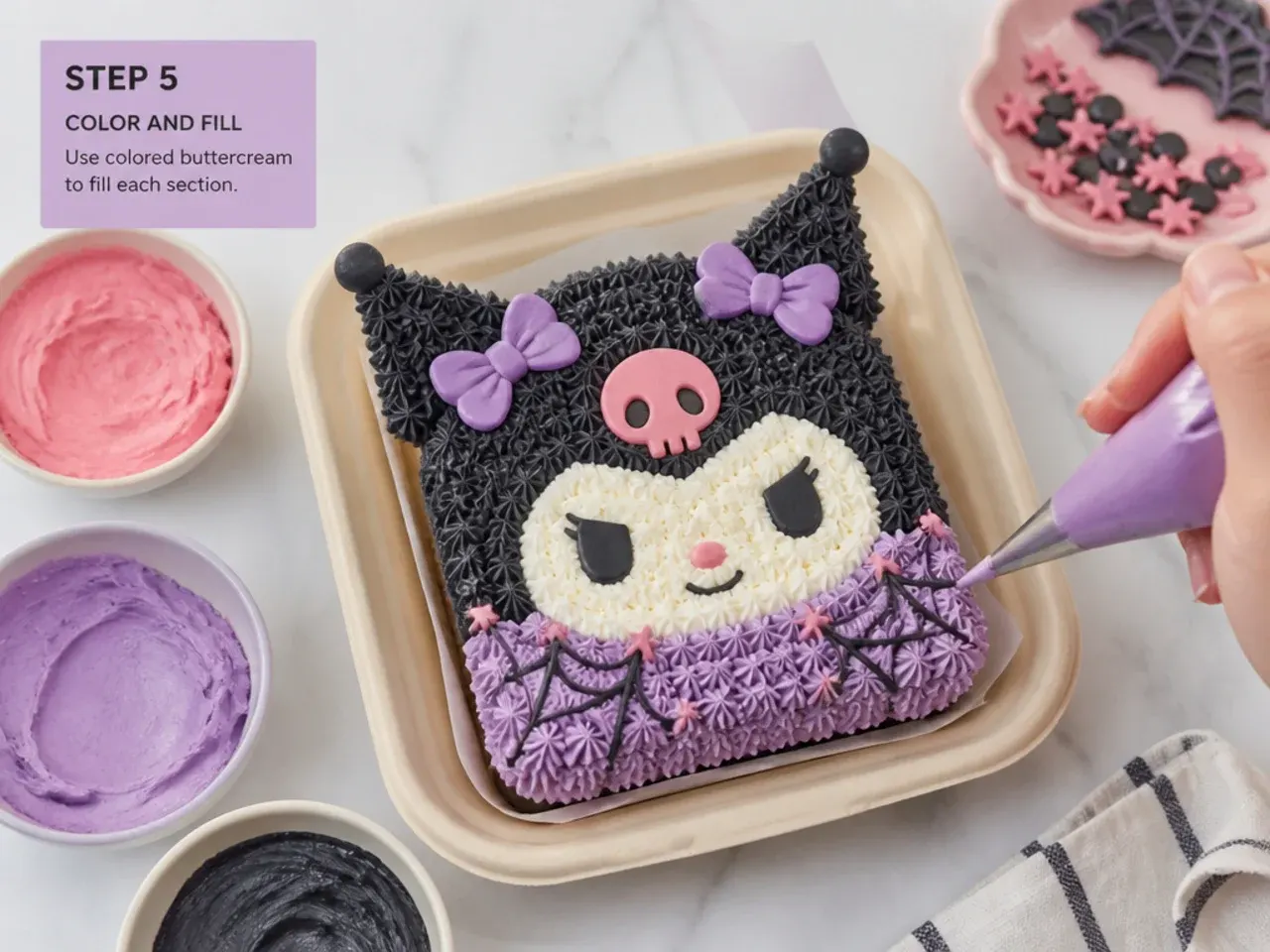 kuromi bento cake — step 5: color and fill