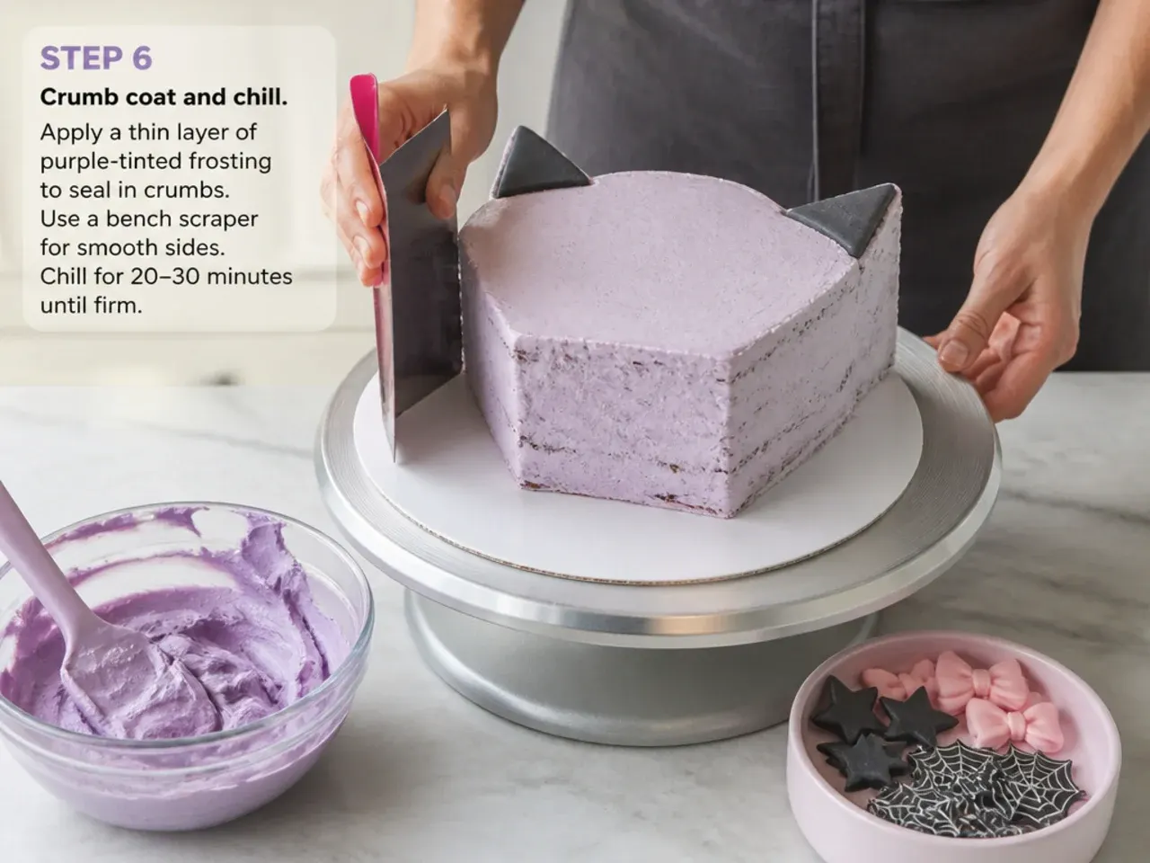 kuromi bento cake — step 6: crumb coat and chill