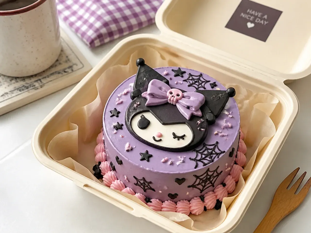 Classic purple and pink kuromi bento cake with black doodles in a lunchbox container